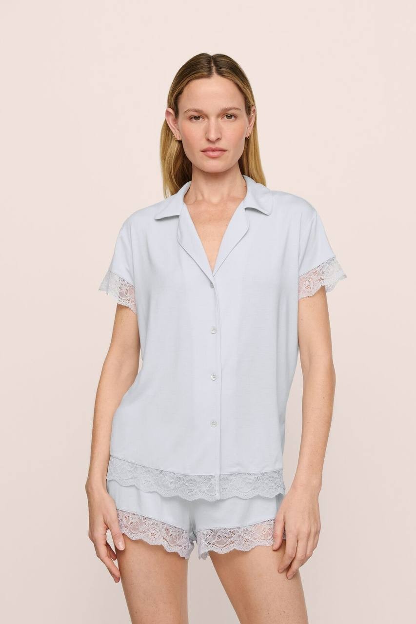 Eberjey Malou TENCEL™ Modal Button-Front Top with Lace Trim – Ice Blue, Size L
