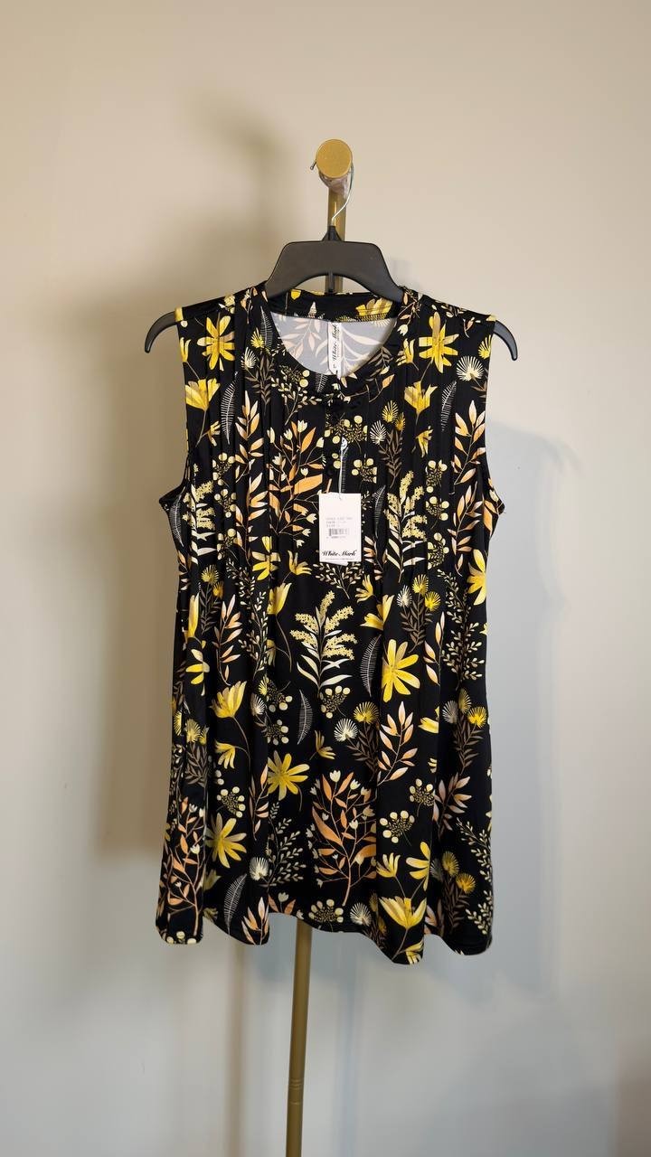 White Mark Floral Sleeveless Tunic Top Pin-Tuck Pleated Black L NWT $52