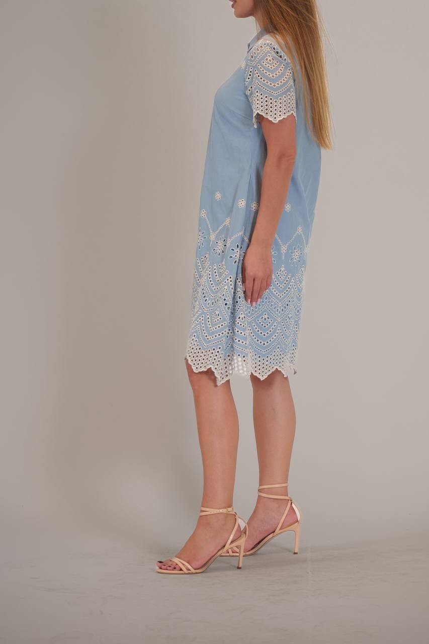 Julia Jordan Women’s Short‑Sleeve Cotton Eyelet Shirt Dress Blue Ivory L $129 NW