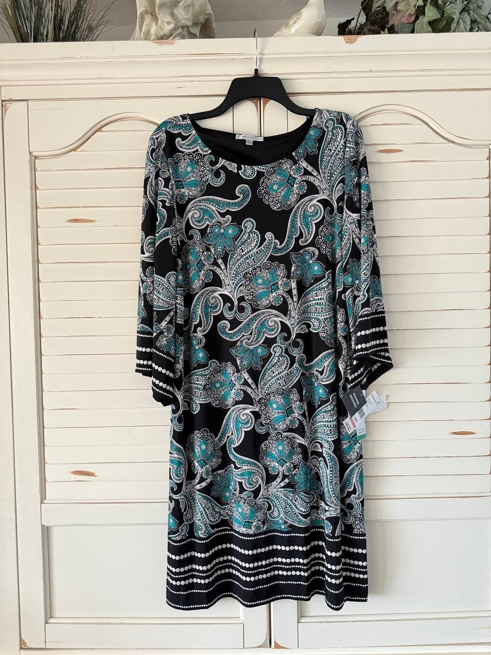 Sandra Darren Paisley Shift Dress Black/Turquoise Size L NWT $79 -3/4 Sleeve