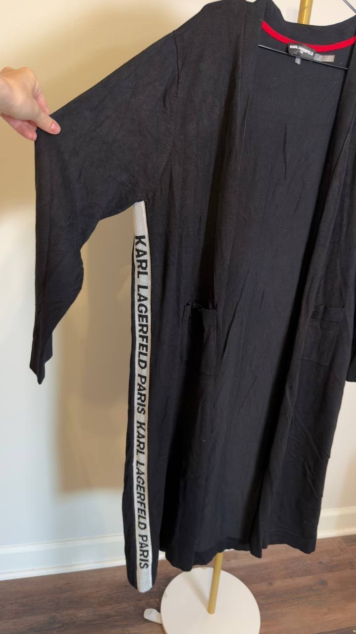 Karl Lagerfeld Paris Logo Duster Sweater Black XL NWT Long Open Front $149
