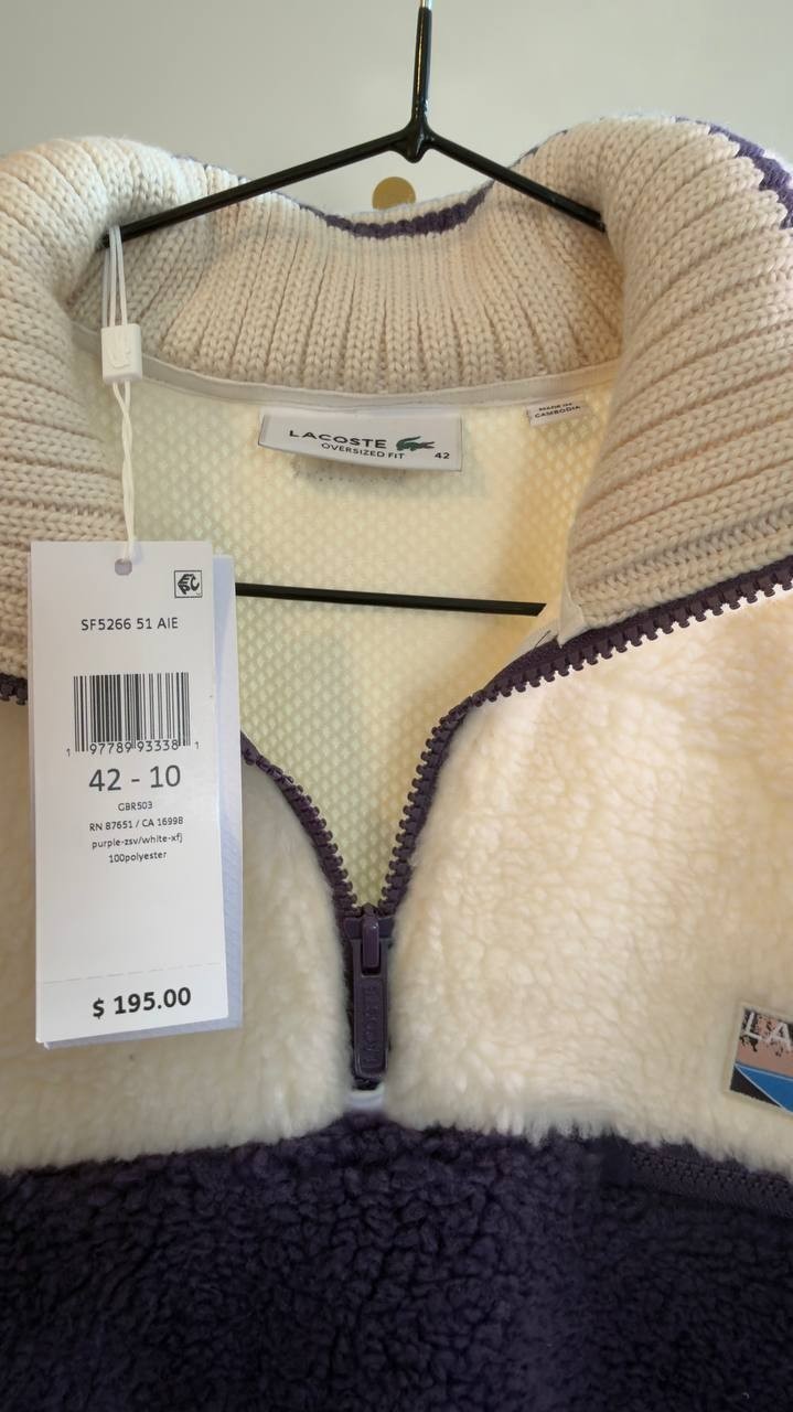 Lacoste Oversized Colorblock Half‑Zip Jacket 42 Purple/White NWT $195