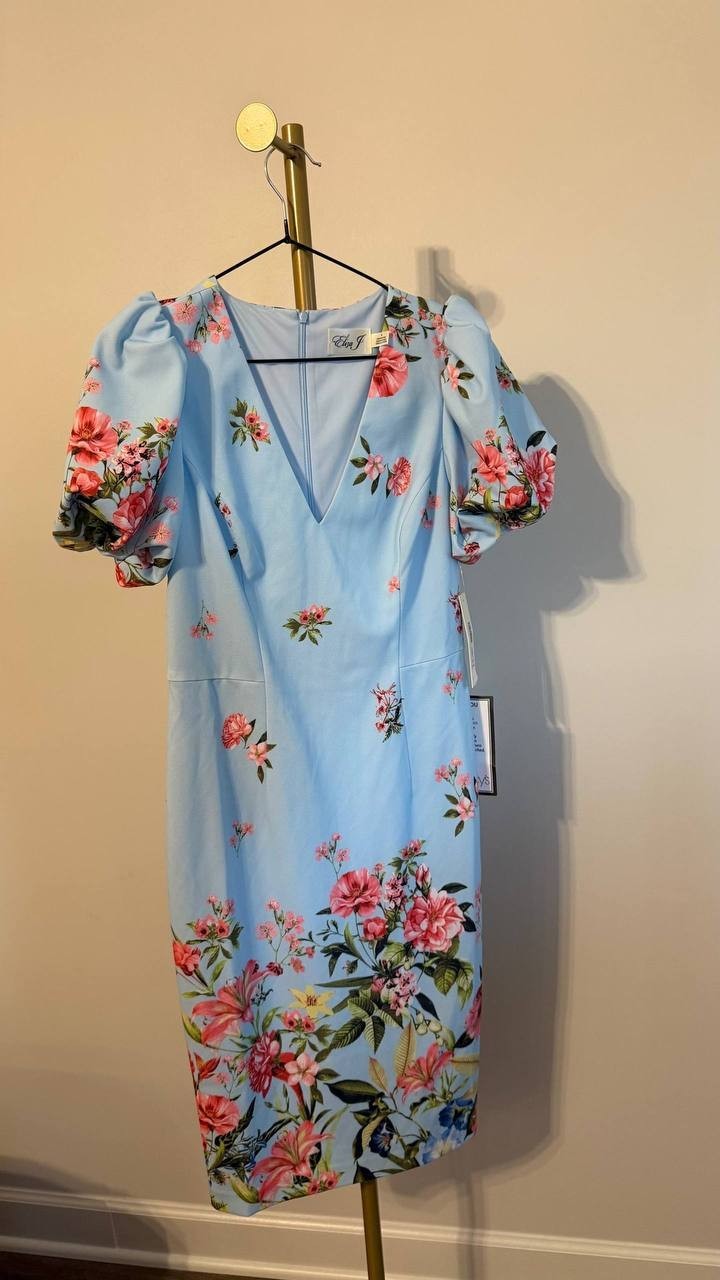 Eliza J Printed V‑Neck Bubble‑Sleeve Sheath Dress Light Blue 6 $138 NWT
