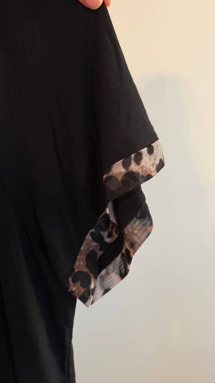Coin 1804 Women’s Leopard Trim Mesh Collar Top Black 3X $34 NWT