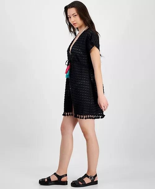 Miken Crochet Tassel Tie‑Front Kimono Cover‑Up Black S NWT $34