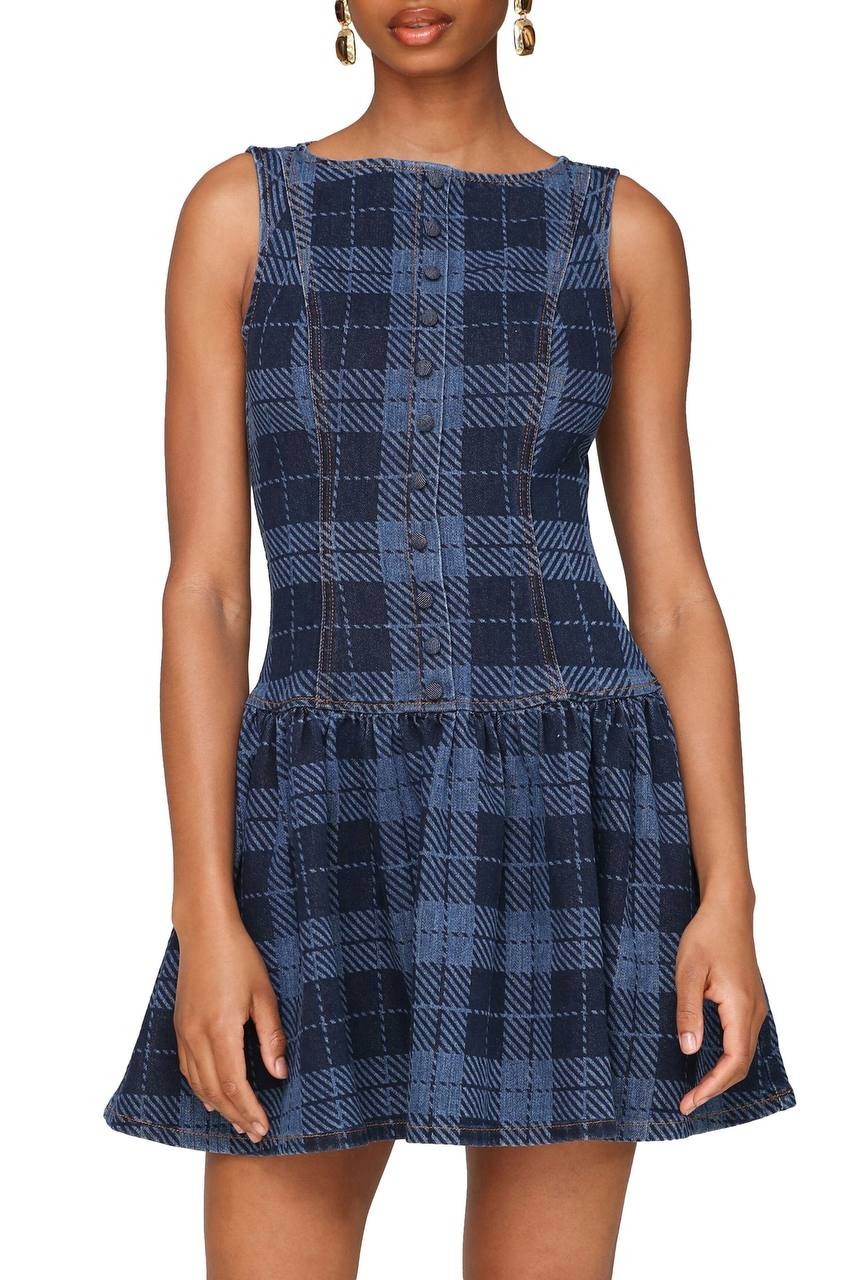 Avec Les Filles Plaid Drop Waist Denim Dress Blue Multi L NWT $108
