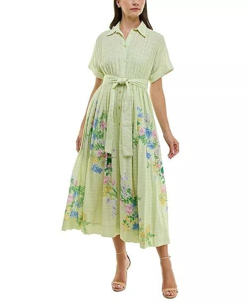 Taylor Eyelet‑Embroidered Belted Cotton Shirt Dress Pea Green 8 NWT $138