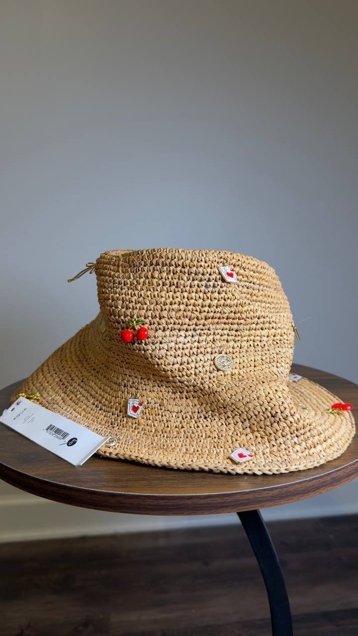 Aqua  Bucket  Hat  Tan  Raffia  One Size  New  $98