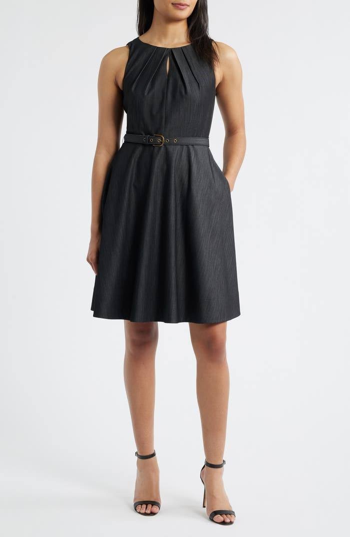 Tahari ASL Pleat Fit & Flare Dress Black 8 NWT $159