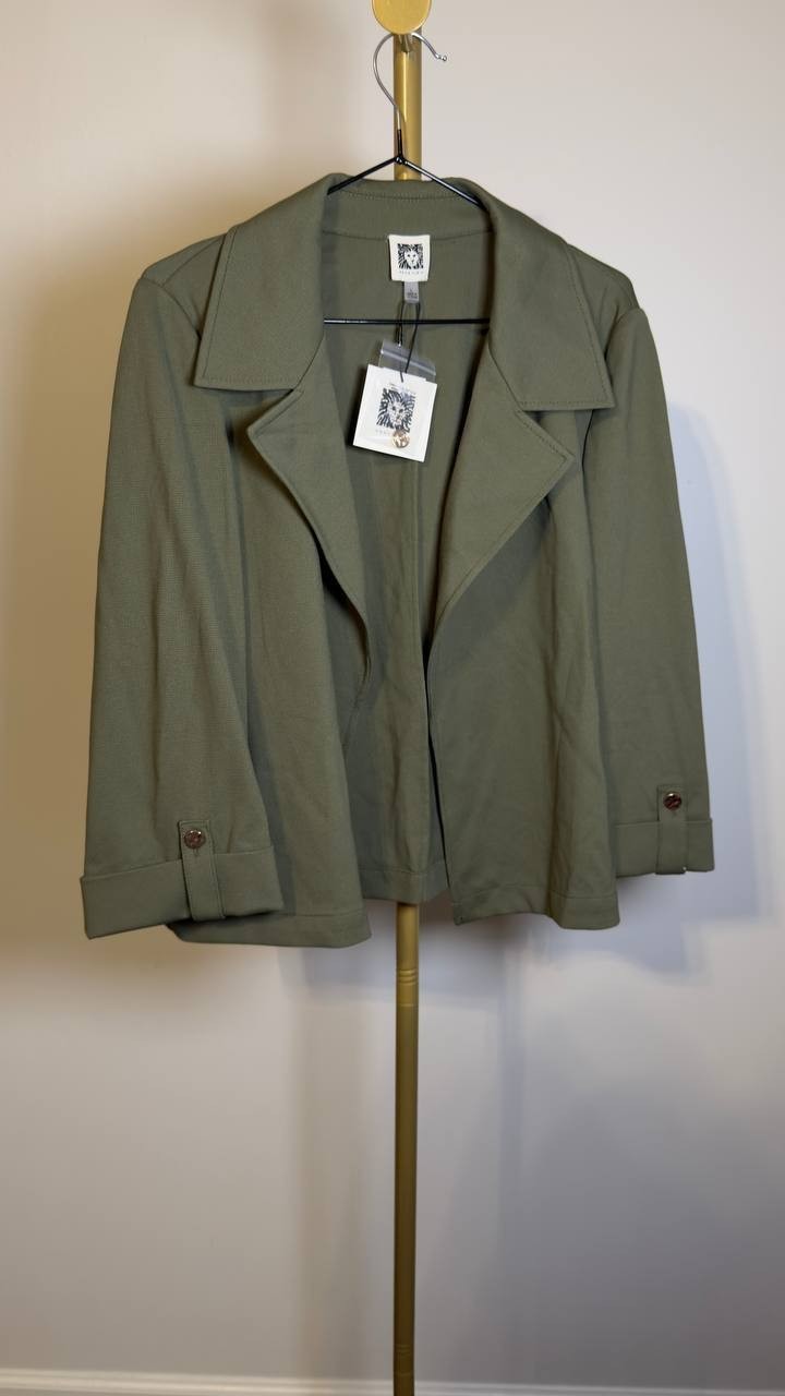 Anne Klein Notch Collar Stretch Jacket L Olive Palm NWT $129