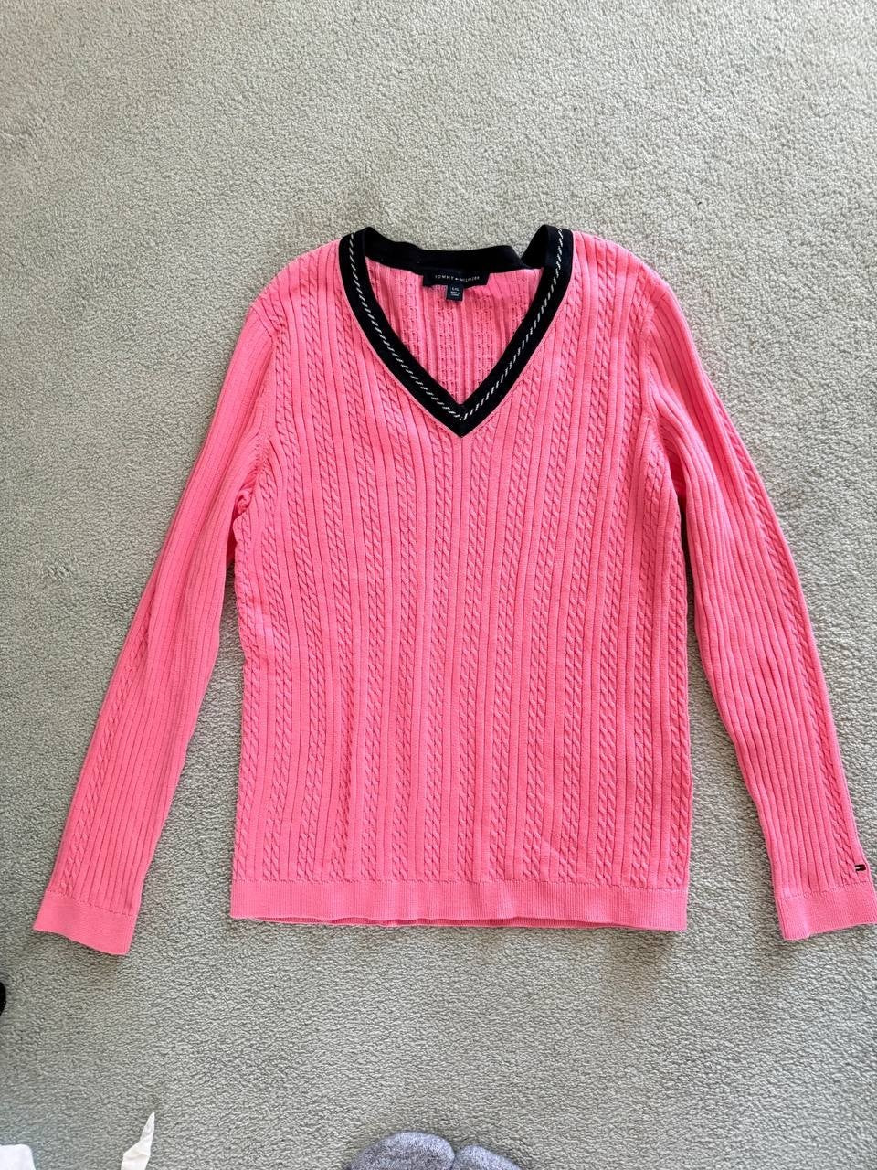 Tommy Hilfiger Pink Cable Knit V-Neck Sweater – Size L