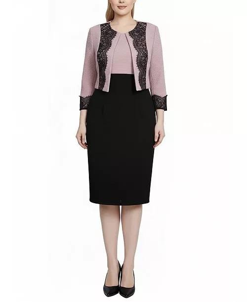 NY Collection Petite Lace‑Detail 2‑Piece Dress Set Blush Black 8P $62 NWT