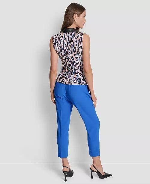 DKNY Top M Travertine Multi Printed Sleeveless Surplice Faux Leather Collar NWT