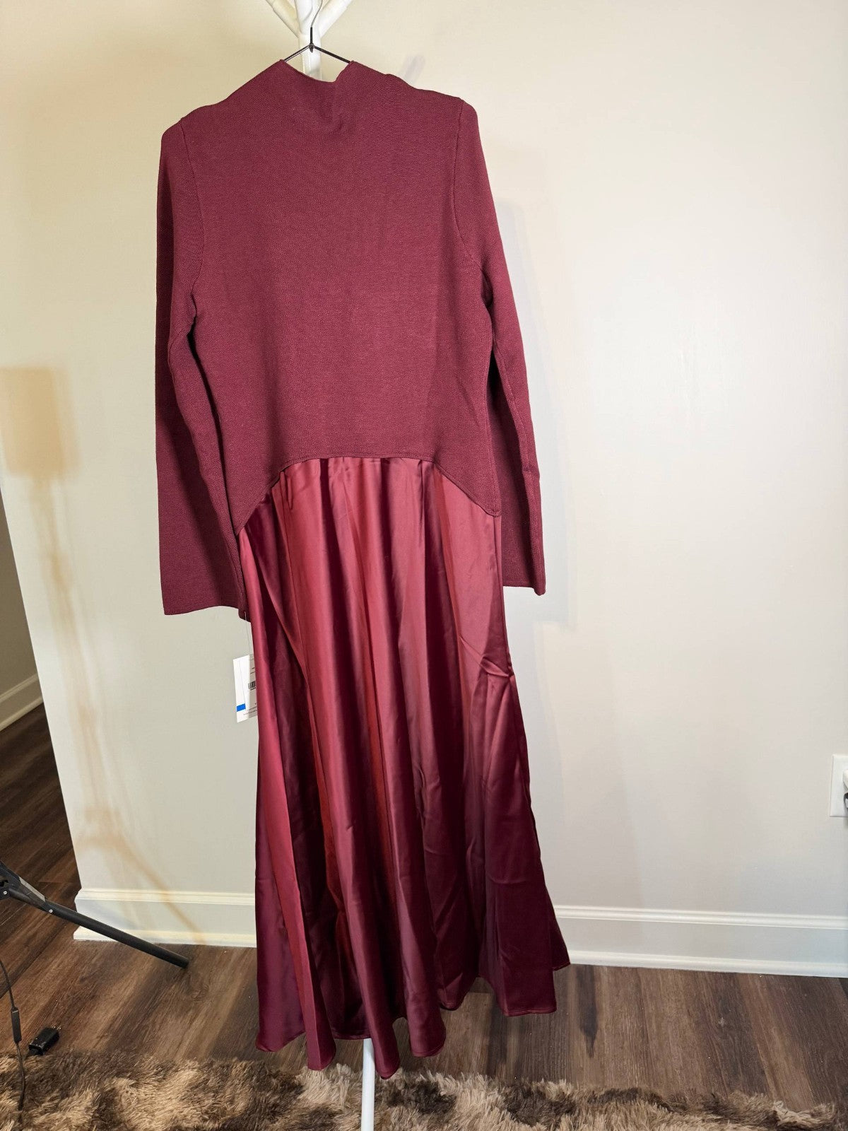 Taylor Satin Twofer A‑Line Sweater Dress Mahogany NWT Size M – Elegant Midi