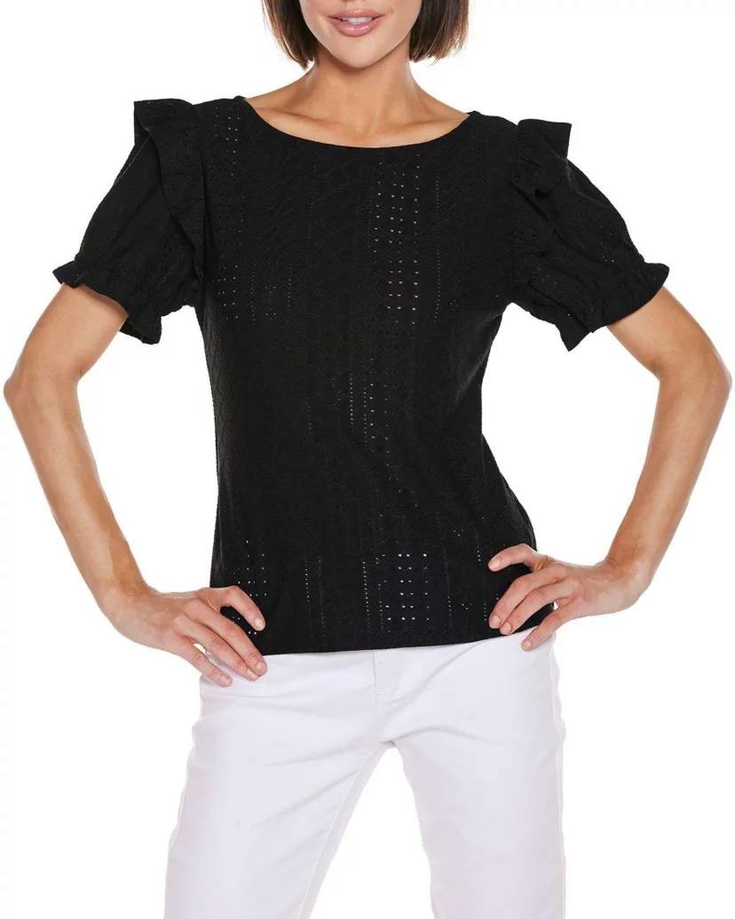 Belldini Knit Eyelet Ruffle Sleeve Top Black L NWT $49