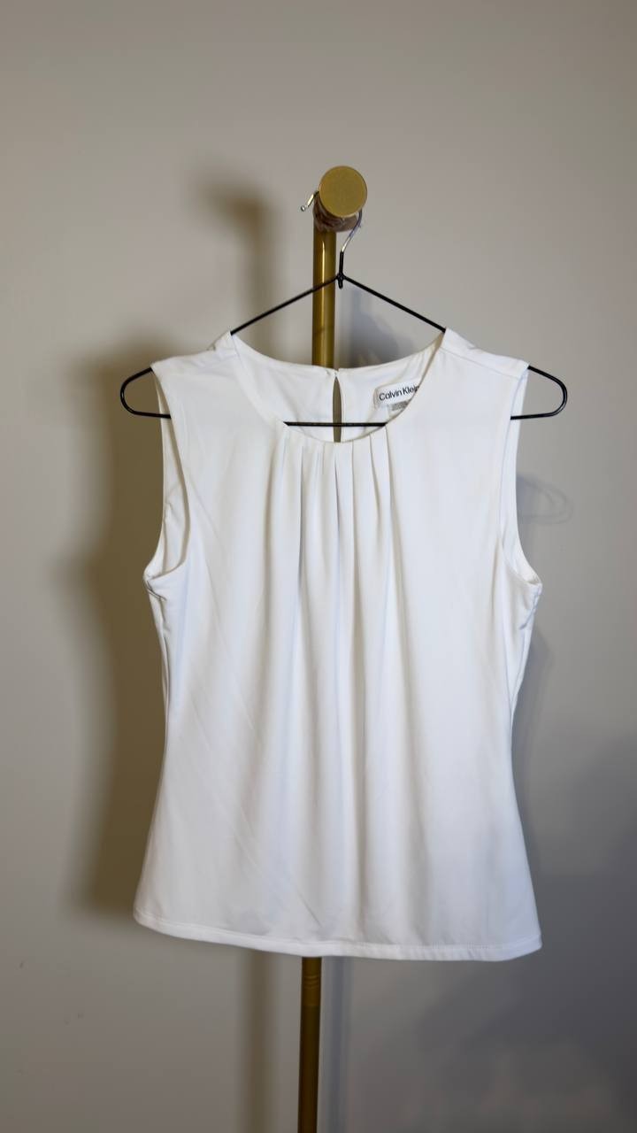 Calvin  Klein  Solid  Pleated  Crew  Neck  Knit  Tank  Top  White  2  NWOT  $44