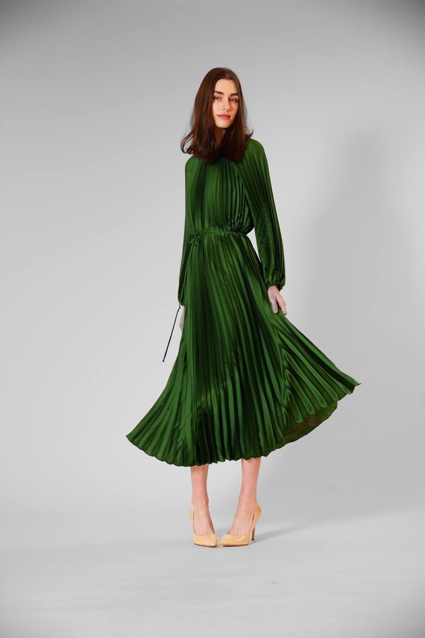 Julia Jordan Pleated Long Sleeve Waist Tie Maxi Dress Green 12 NWT $149