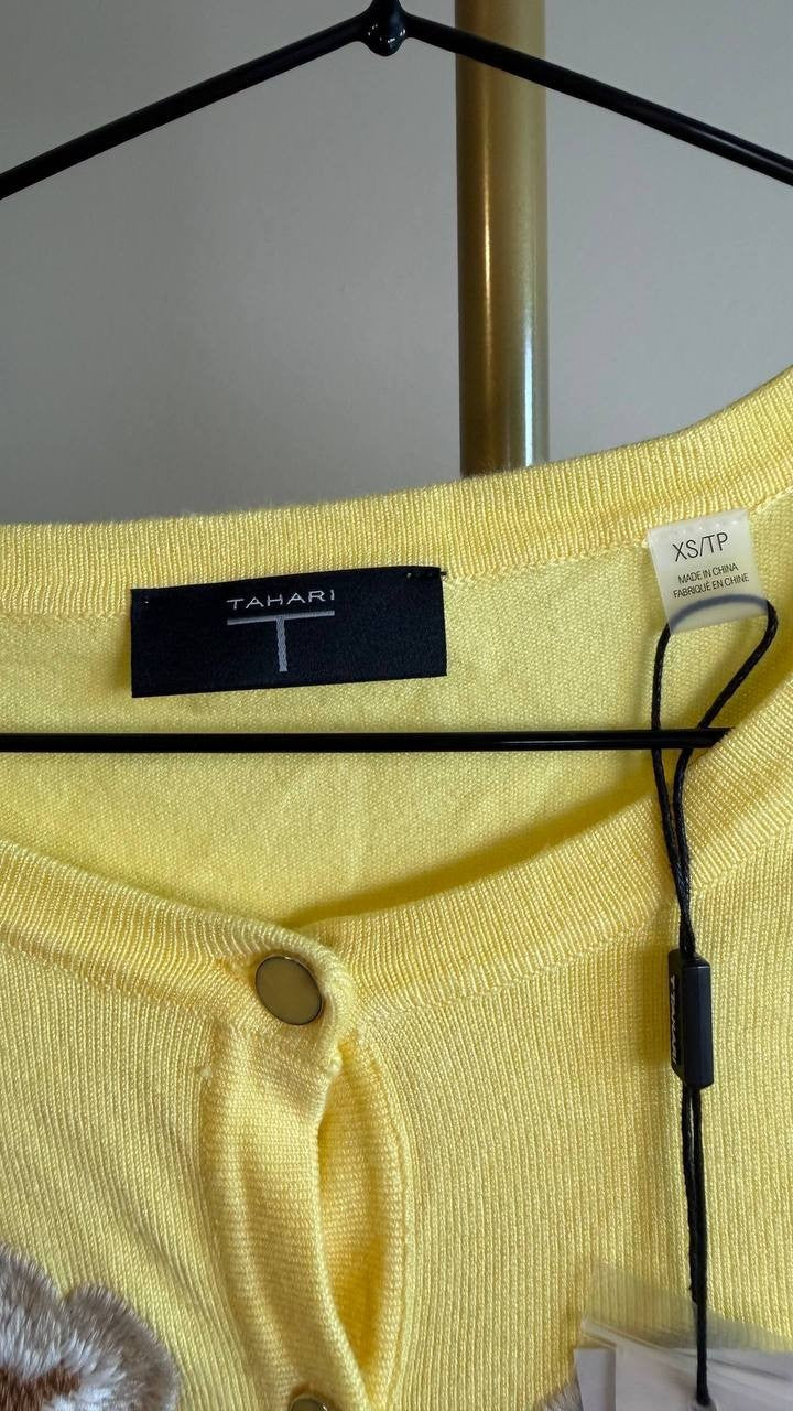 T Tahari Women’s Floral‑Embroidered Button‑Front Cardigan Yellow XS $88 NWT