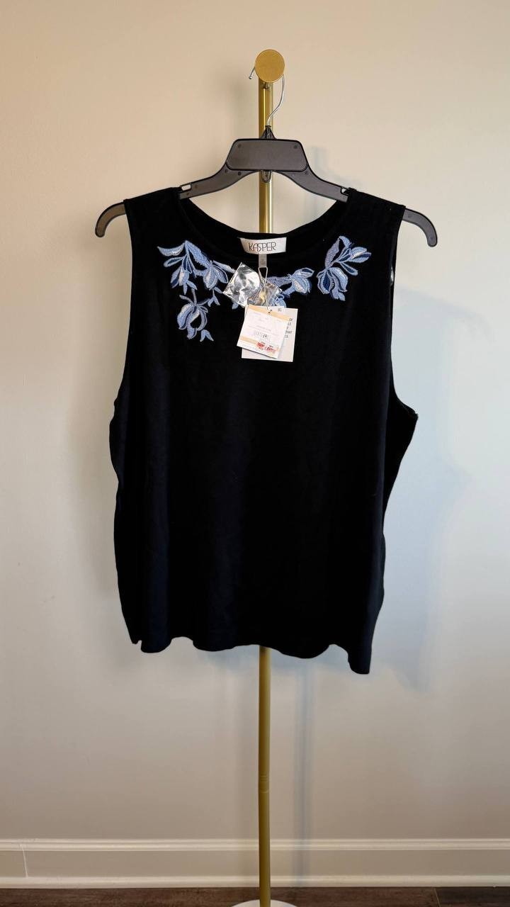 Kasper Sleeveless Embroidered Neck Knit Top Black XXXL NWT $69