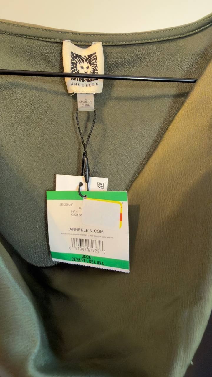 Anne Klein Solid Cowlneck Short-Sleeve Blouse Olive L NWT $69