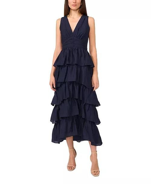 1.STATE Indigo Night Maxi Dress, V-Neck, Cascading Ruffle, Size 4, Sleeveless