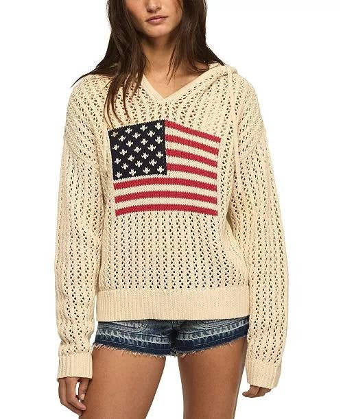 Lucky Brand Americana Flag Cotton Hooded Sweater Whitecap Gray M NWT $129