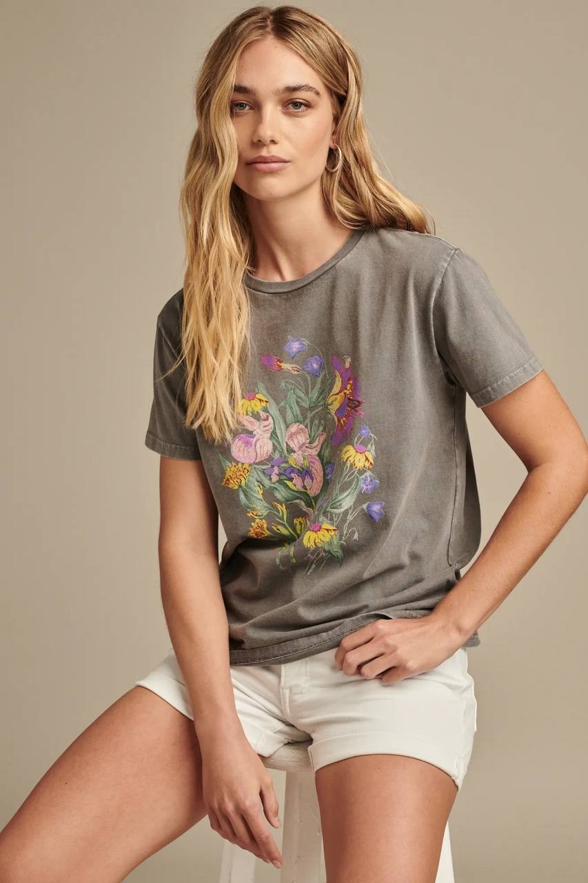 Lucky Brand Faded Neon Floral Classic Crew Dark Dull Grey L Pre‑Owned $39.50