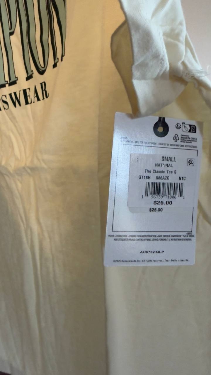 Champion Classic Cotton Crewneck Logo T‑Shirt S Natural NWT $25