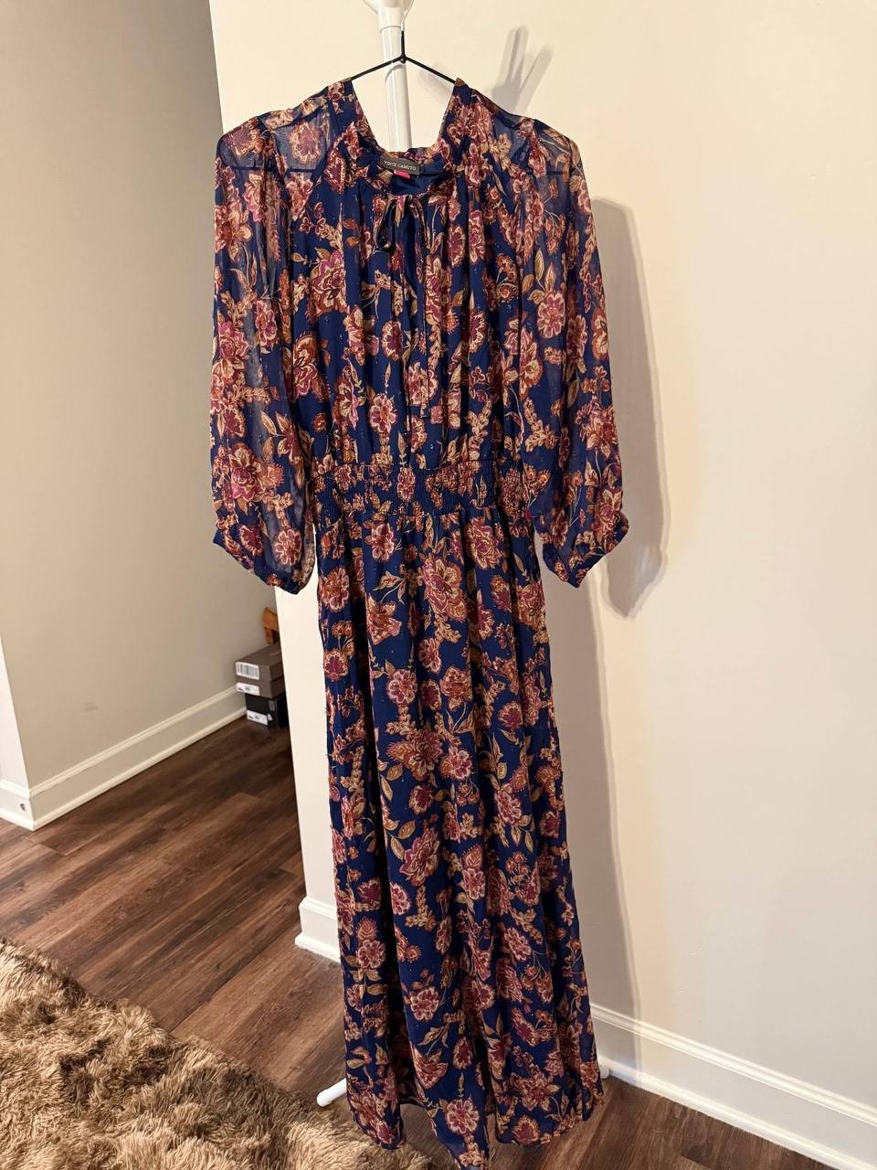 Vince Camuto Printed Tie‑Neck Puff‑Sleeve Maxi Dress –Deep Sky–Size M–NWT–$119