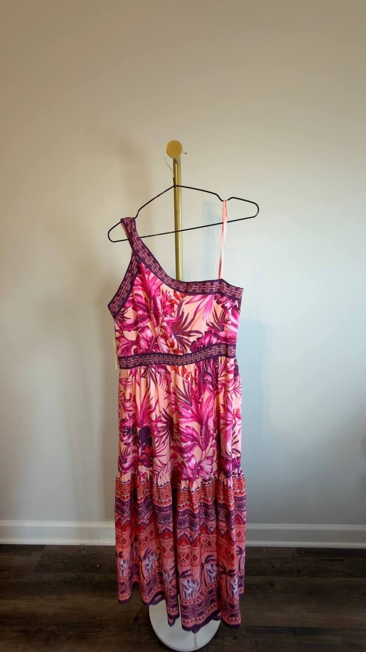Eliza J Mixed‑Print One‑Shoulder Tiered Midi Dress Floral Multi 10 NWT $158