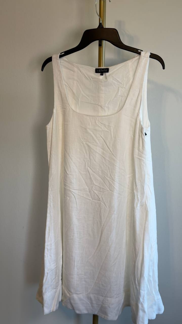 1.STATE Scoop‑Neck Full‑Circle Linen‑Blend Mini Dress White M NWT $99