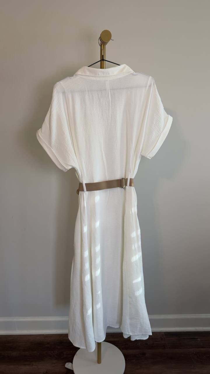 NY Collection Short-Sleeve Button-Front Belted A-Line Dress White XL NWT $58