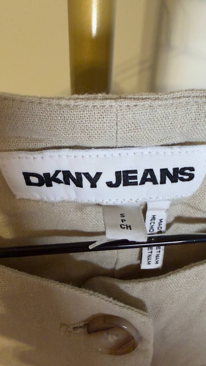 DKNY Jeans Linen‑Blend Crewneck Button‑Front Vest Pebble S NWOT $79