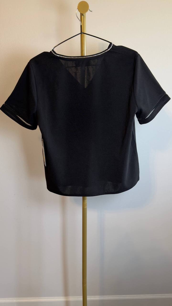 Karl Lagerfeld Paris Crystal Bow V‑Neck Knit Top Black S NWT $89