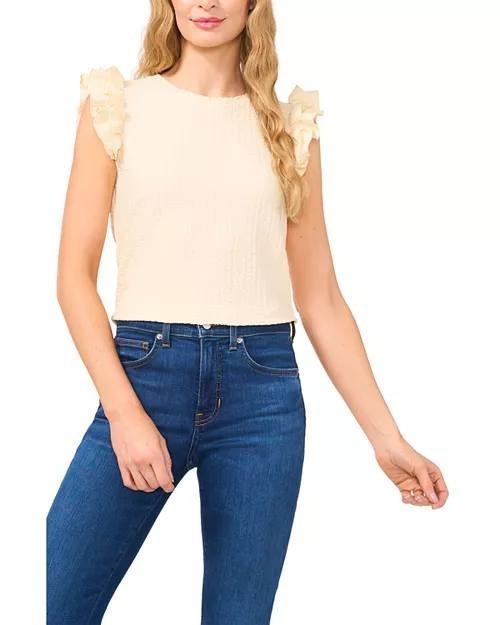 CeCe Sleeveless Ruffle Shoulder Textured Top – White – Size L – NWT