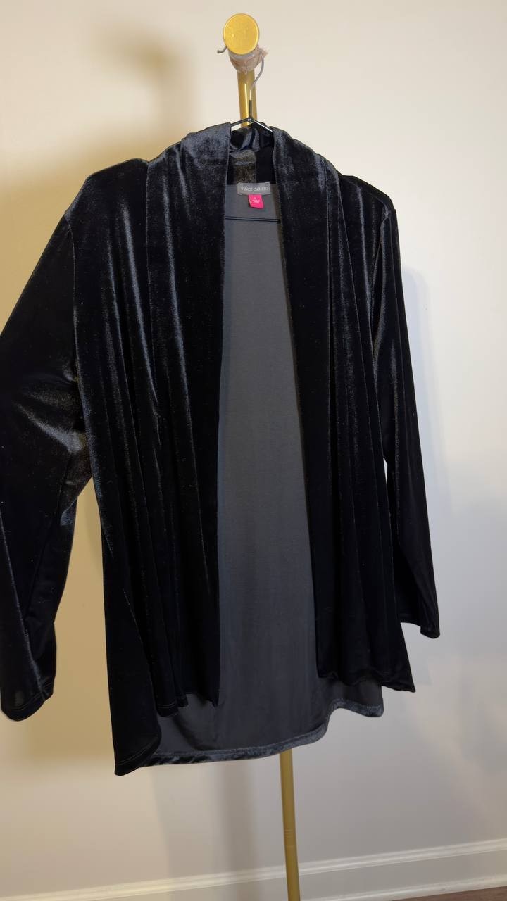 Vince Camuto Velvet Long Sleeve Open Cardigan Sweater Rich Black L NWT $79
