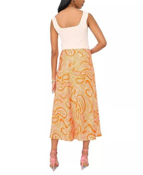 1.STATE Paisley Midi Skirt Size 14 Orange Pull-On A-Line Lined NWT