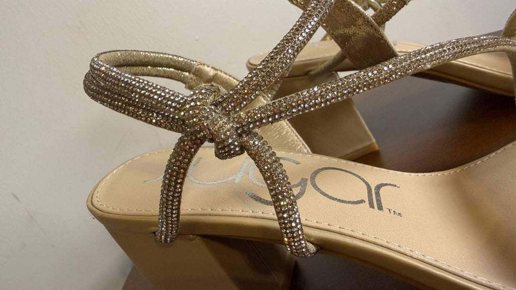 Sugar Neeve Dress Sandals 7.5M Champagne Satin Block Heel NIB msrp$59.99