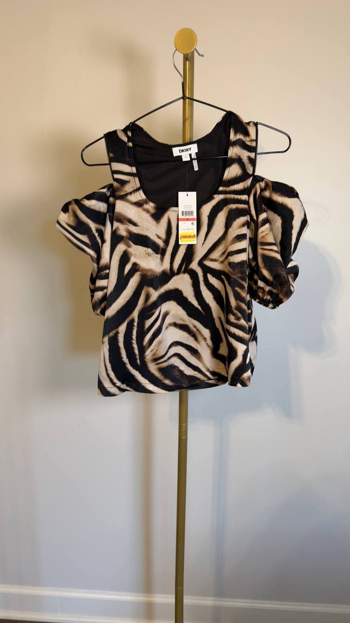 DKNY Printed Satin Puff‑Sleeve Zipper Top Blurred Zebra XS NWT $89
