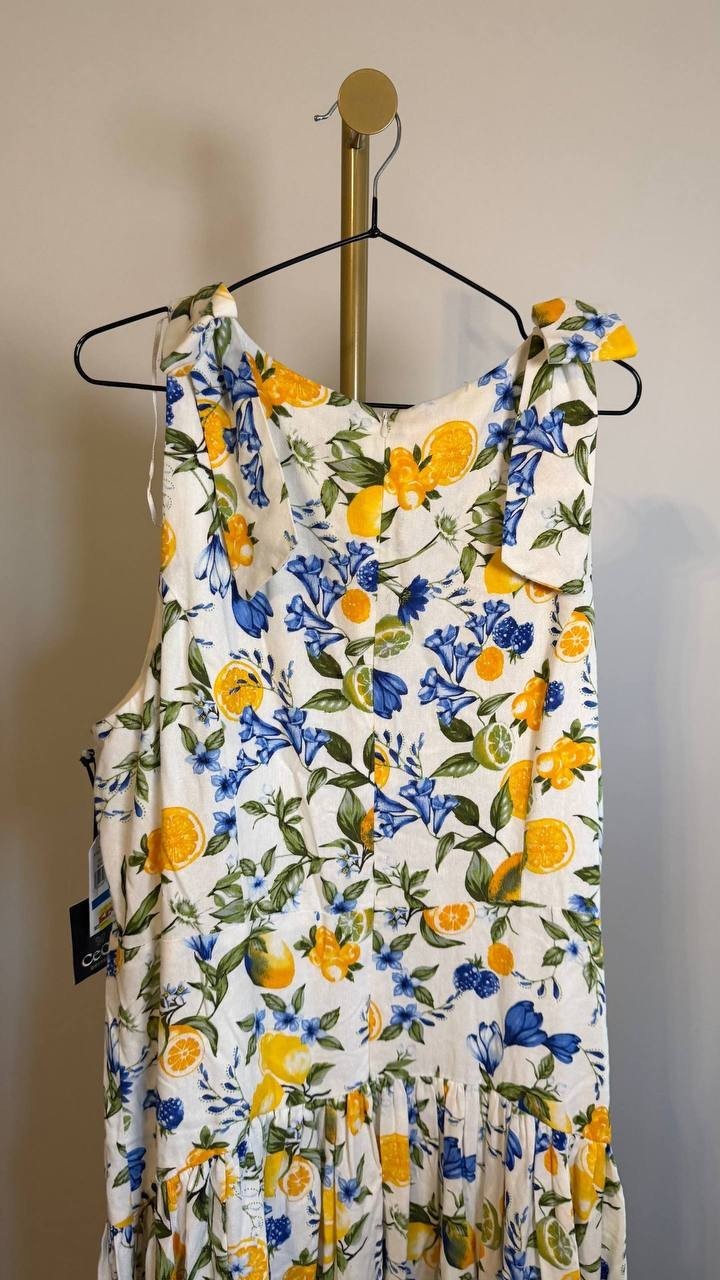 CeCe Floral Crewneck Bow-Strap High-Low Dress Lemon Print XL $129 NWT