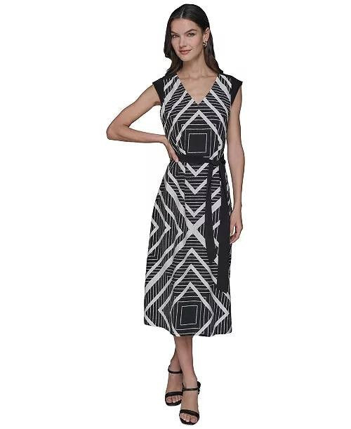 Karl Lagerfeld Paris Geo‑Print Belted V‑Neck Midi Dress Black/White XS NWT $159