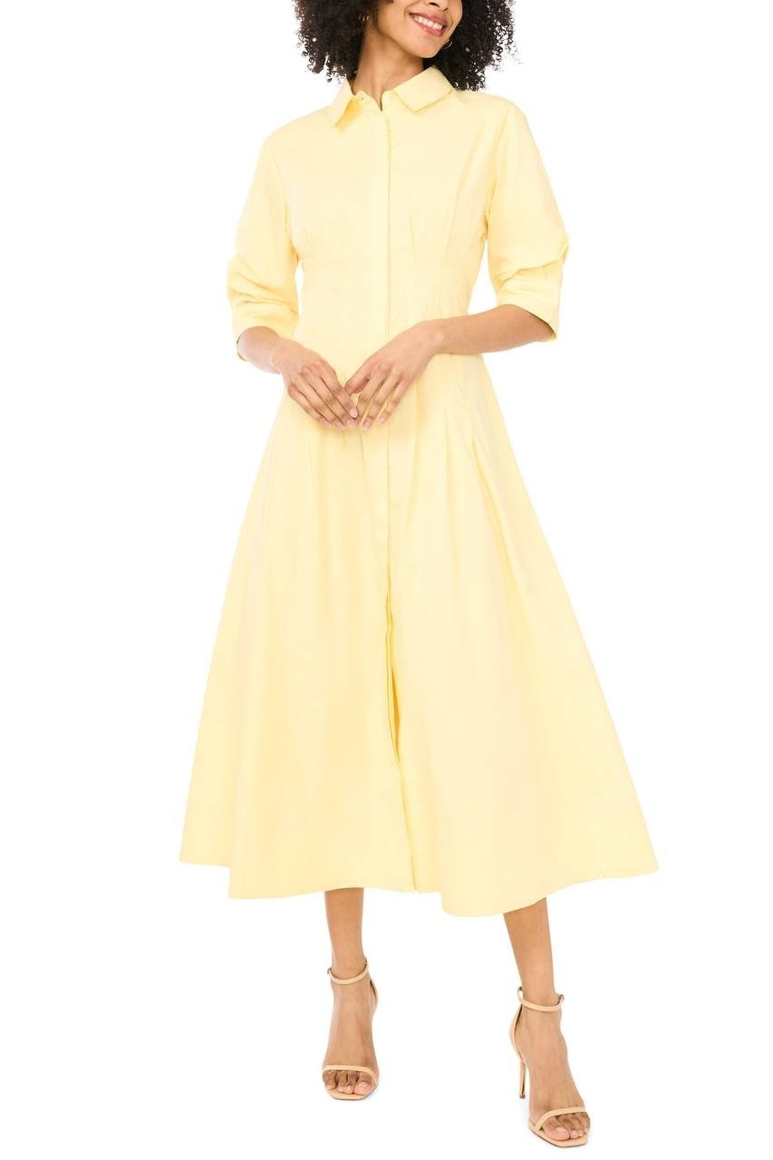 Vince Camuto Pleated Cotton Button‑Up Maxi Shirtdress Lemon Cream M NWT $139