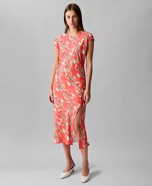 Calvin Klein Cap Sleeve Printed Satin Midi Dress Red Multi L NWT $149