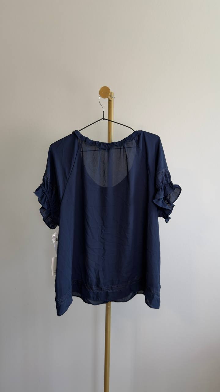 CeCe Wide Ruffle Neck Button Front Top Classic Navy L NWT $79