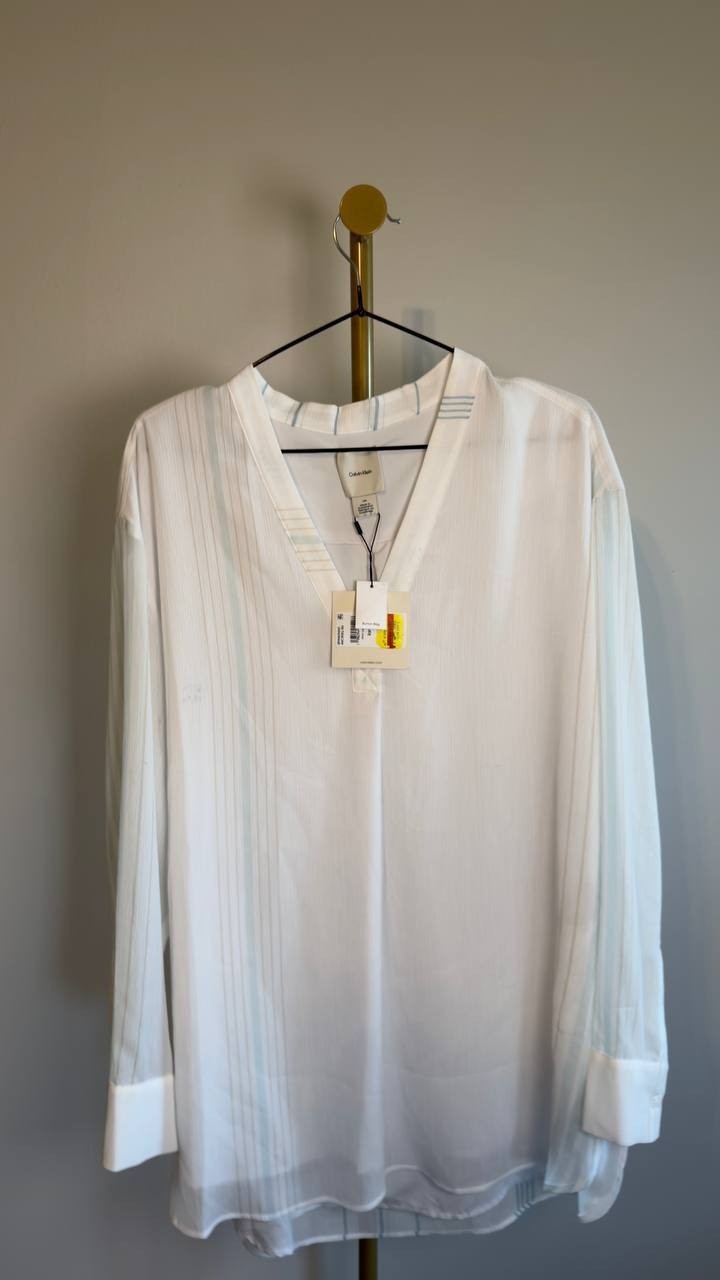 Calvin Klein Long-Sleeve Multi Stripe Tunic White Multi L NWT $109