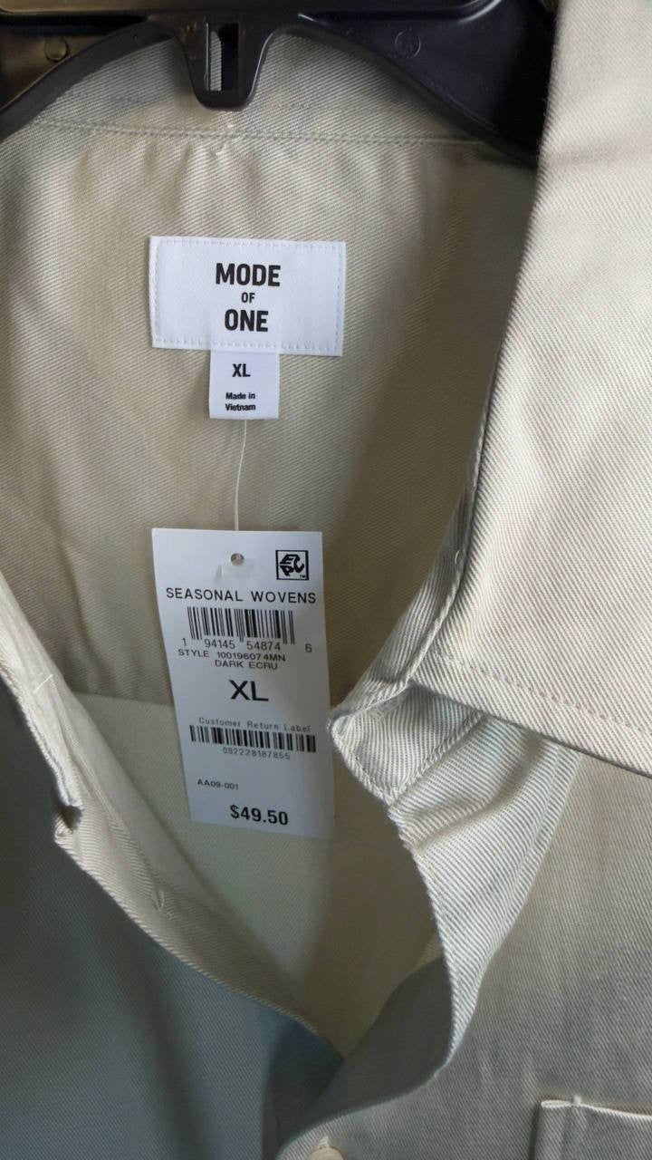 Mode of One Men’s Relaxed‑Fit Button‑Down Shirt Dark Ecru XL NWT $49.50