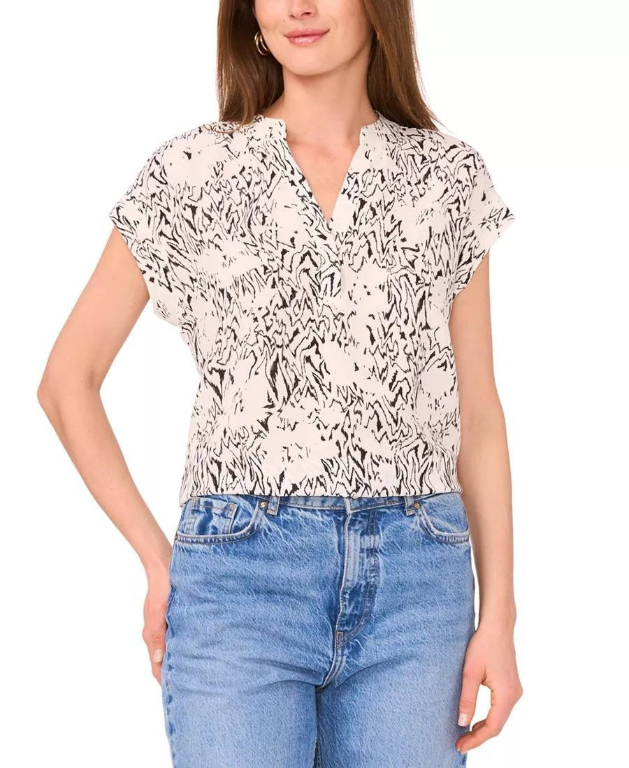 Vince Camuto XL Beige Black Printed Blouse V Neck Placket Short Sleeve Good Cond