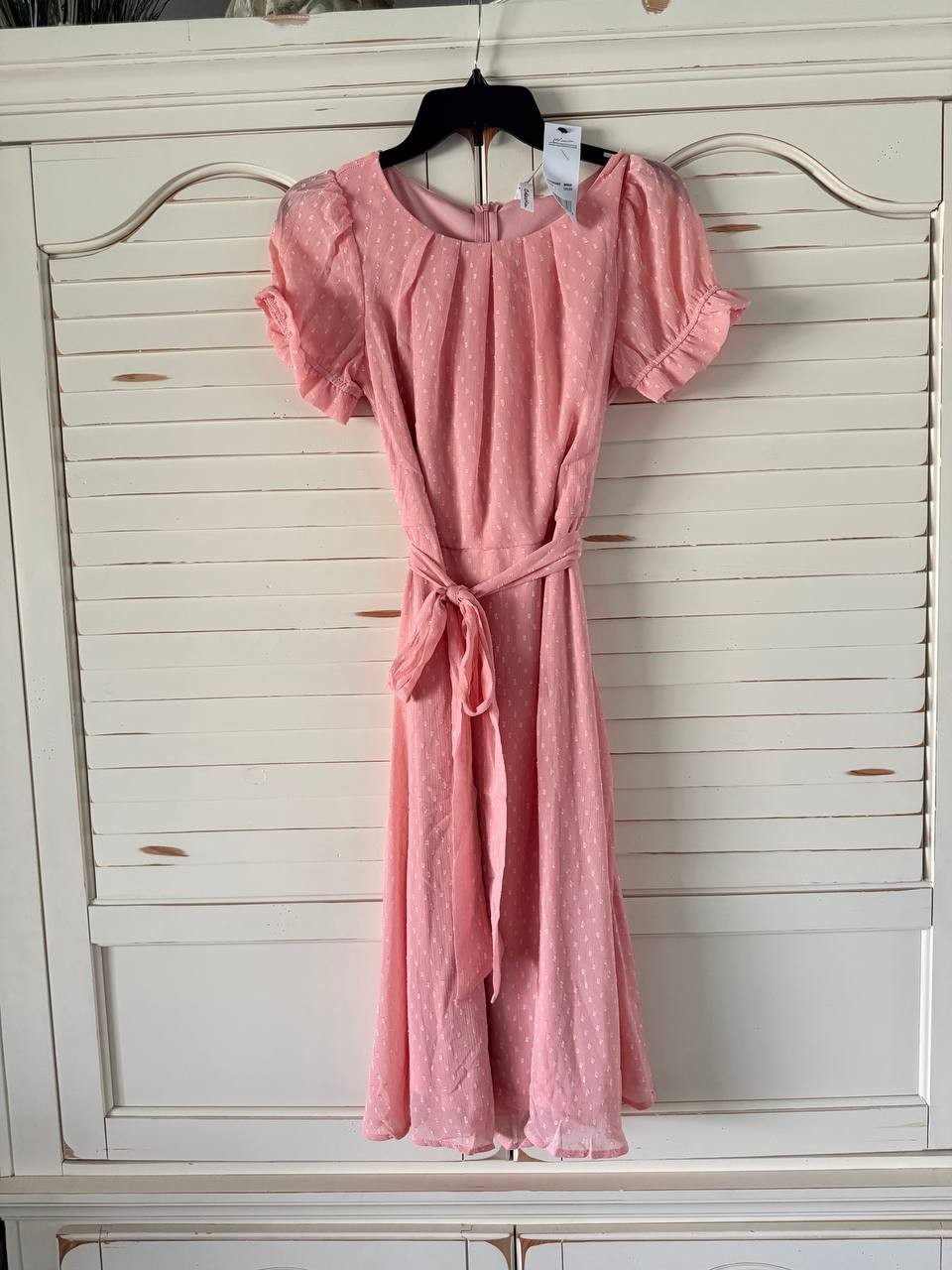 NY Collection Petite Smocked Waist Dress PS NWT Light Pink Short Sleeve A-Line