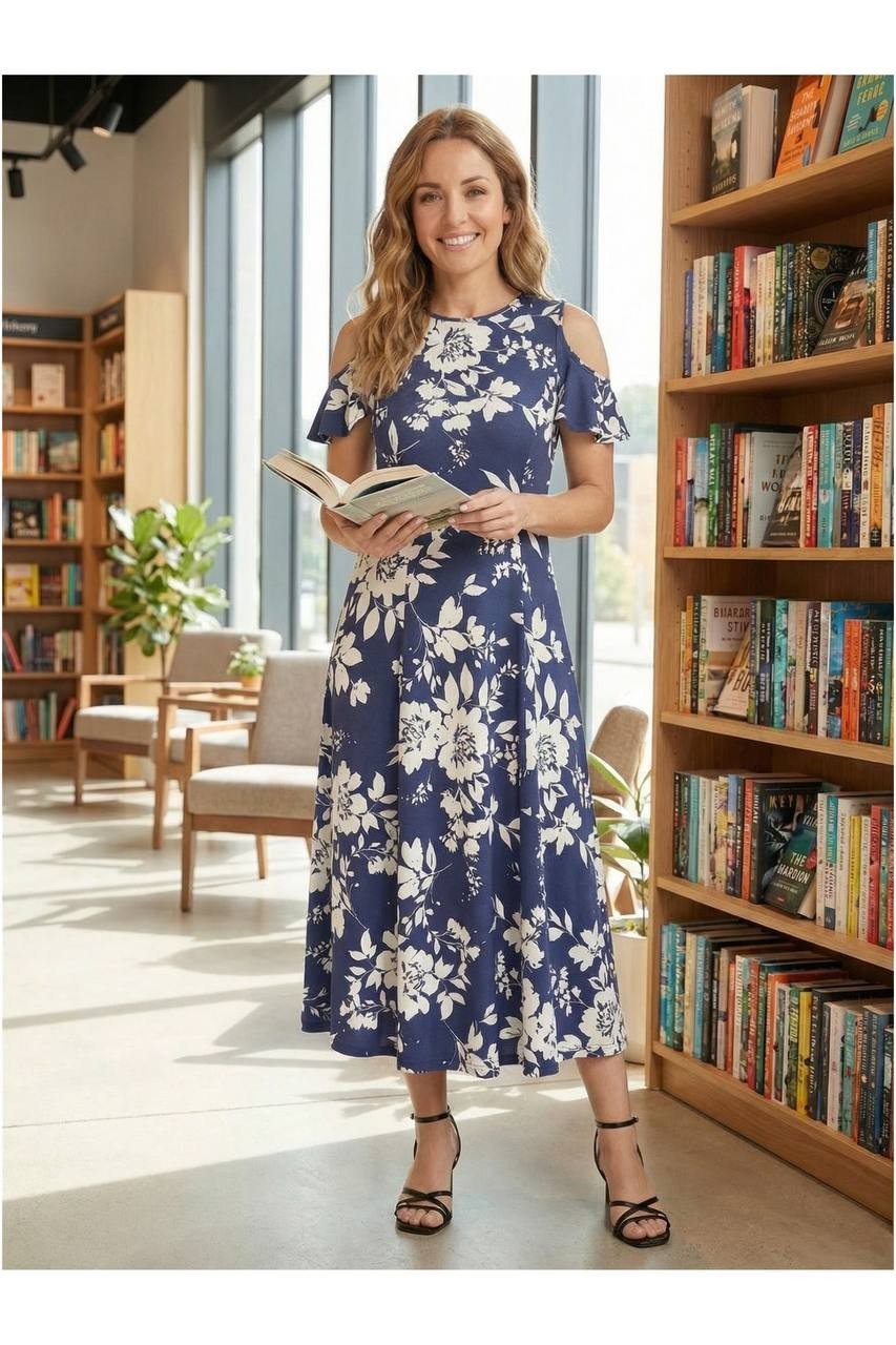 24Seven Comfort Apparel Cold Shoulder Maxi Dress Blue Multi XL NWT $117