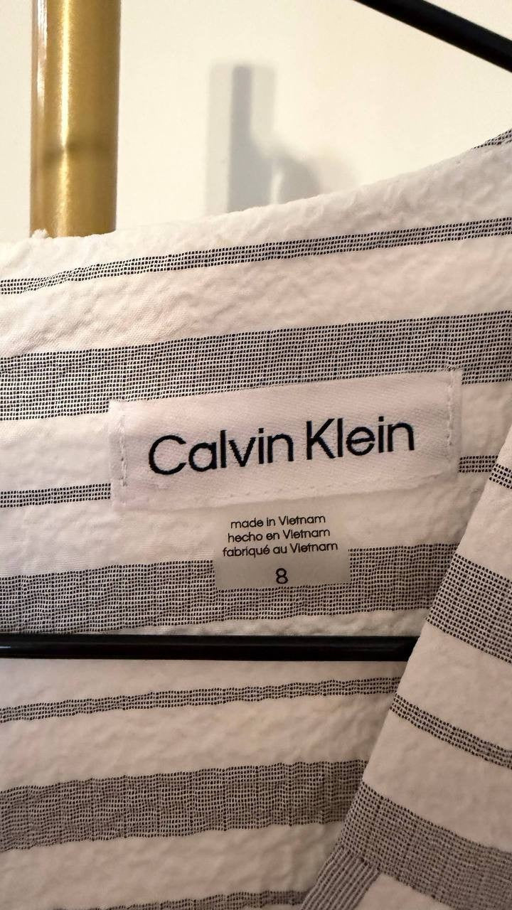 Calvin Klein White Striped Maxi Dress 8 Pre‑Owned Sleeveless Chic msrp$139